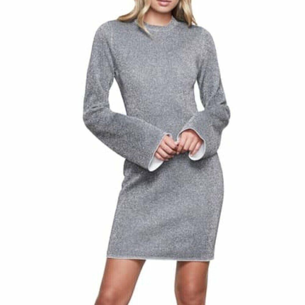 Good American Dress Womens Small (GA Sz 4) Silver Sparkle Bell Sleeve NWOT